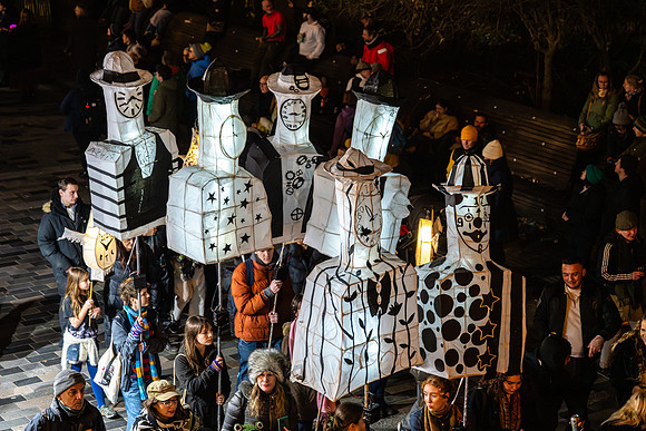 Burning the Clocks Parade, New Road, Brighton, East Sussex, UK.